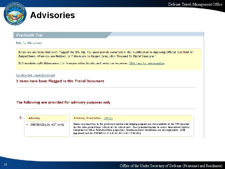 Defense Travel Management Office Advisories Rooms at properties in the preferred commercial lodging program