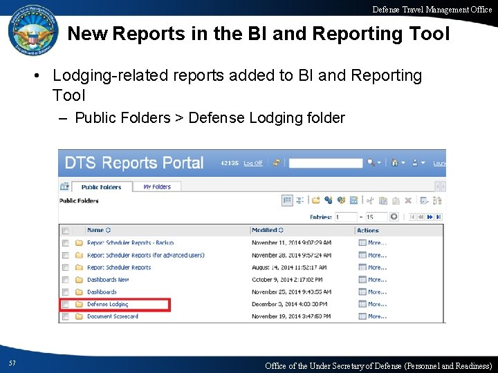 Defense Travel Management Office New Reports in the BI and Reporting Tool • Lodging-related