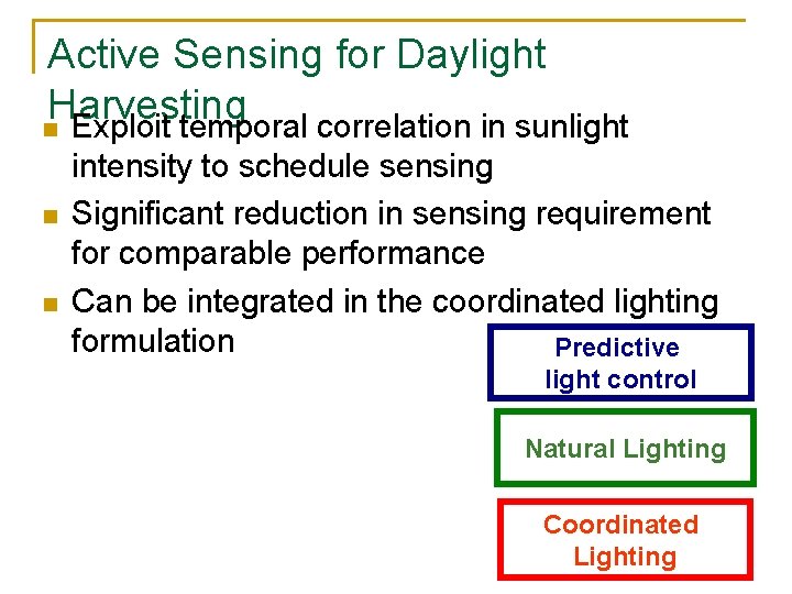 Active Sensing for Daylight Harvesting n Exploit temporal correlation in sunlight n n intensity