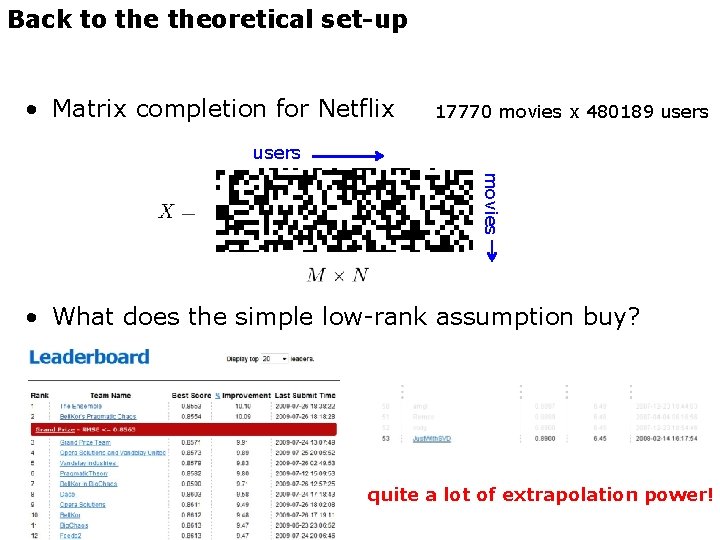 Back to theoretical set-up • Matrix completion for Netflix 17770 movies x 480189 users