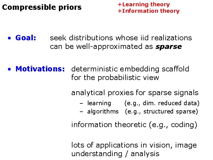 Compressible priors • Goal: +Learning theory +Information theory seek distributions whose iid realizations can