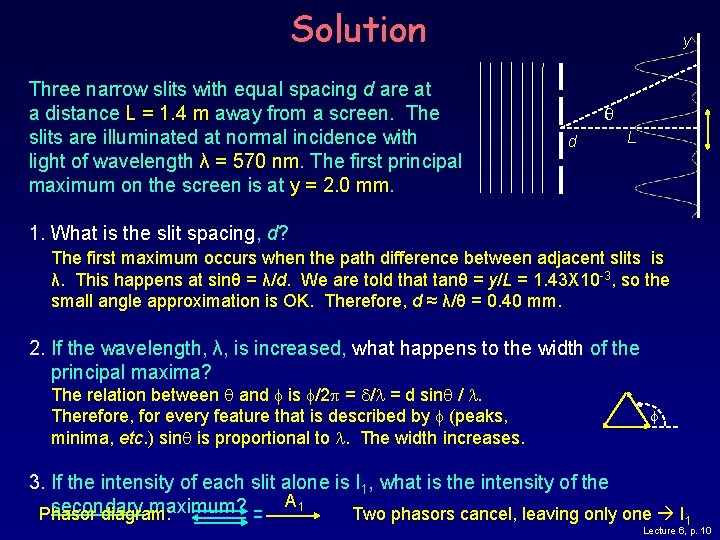 Solution Three narrow slits with equal spacing d are at a distance L = Solution Three narrow slits with equal spacing d are at a distance L =