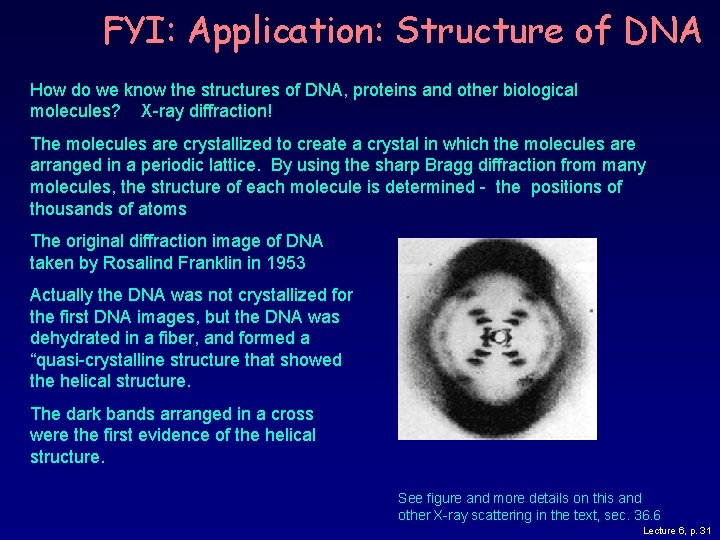 FYI: Application: Structure of DNA How do we know the structures of DNA, proteins