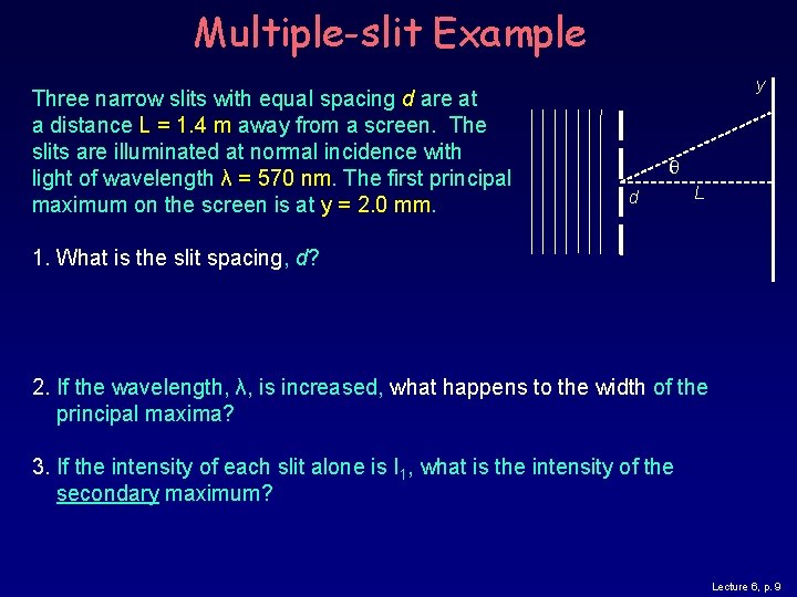 Multiple-slit Example Three narrow slits with equal spacing d are at a distance L