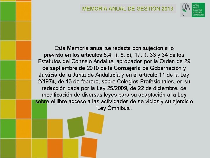 MEMORIA ANUAL DE GESTIÓN 2013 Esta Memoria anual se redacta con sujeción a lo