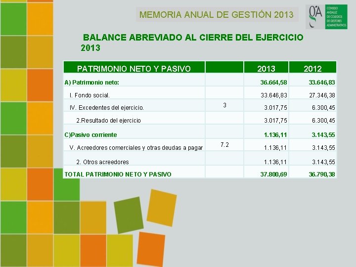 MEMORIA ANUAL DE GESTIÓN 2013 BALANCE ABREVIADO AL CIERRE DEL EJERCICIO 2013 PATRIMONIO NETO