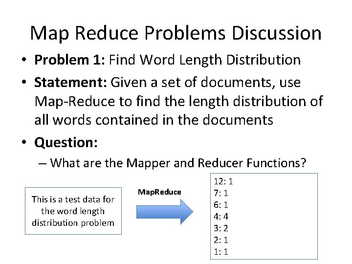 Map Reduce Problems Discussion • Problem 1: Find Word Length Distribution • Statement: Given