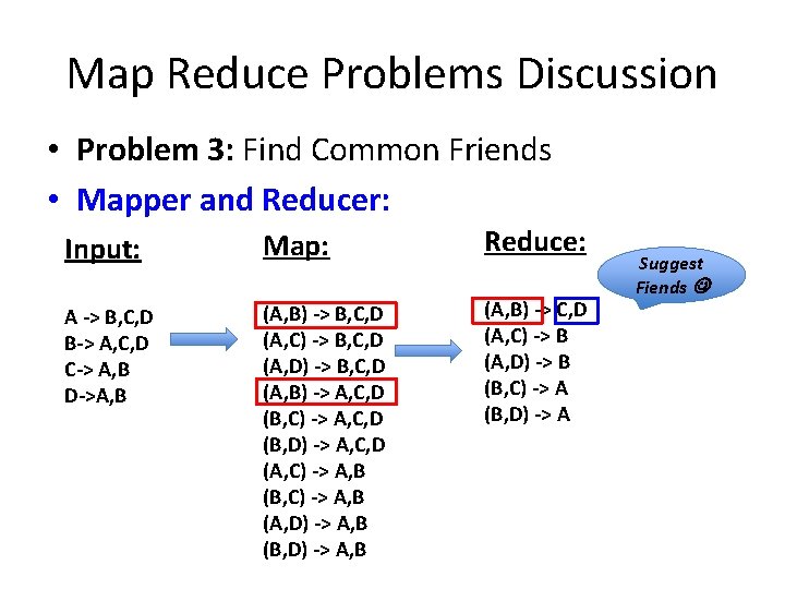 Map Reduce Problems Discussion • Problem 3: Find Common Friends • Mapper and Reducer: