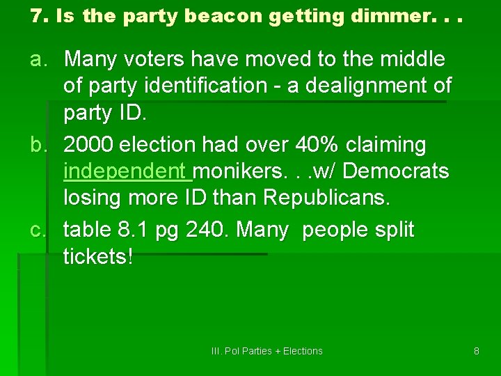 7. Is the party beacon getting dimmer. . . a. Many voters have moved