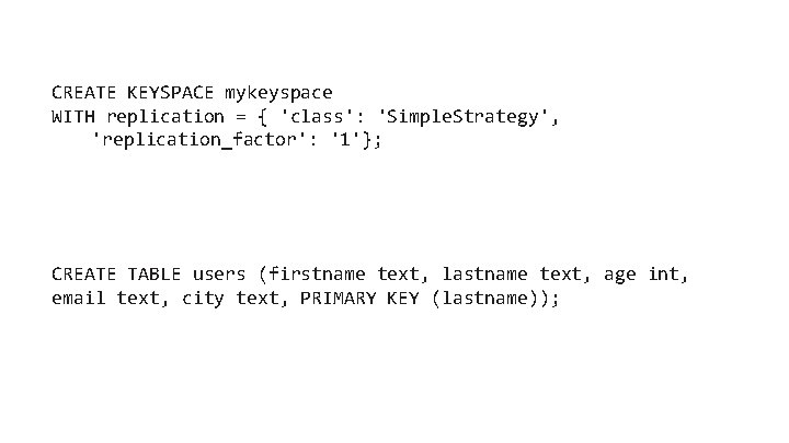 CREATE KEYSPACE mykeyspace WITH replication = { 'class': 'Simple. Strategy', 'replication_factor': '1'}; CREATE TABLE