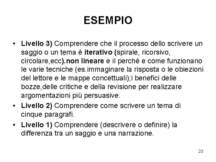 ESEMPIO • Livello 3) Comprendere che il processo dello scrivere un saggio o un