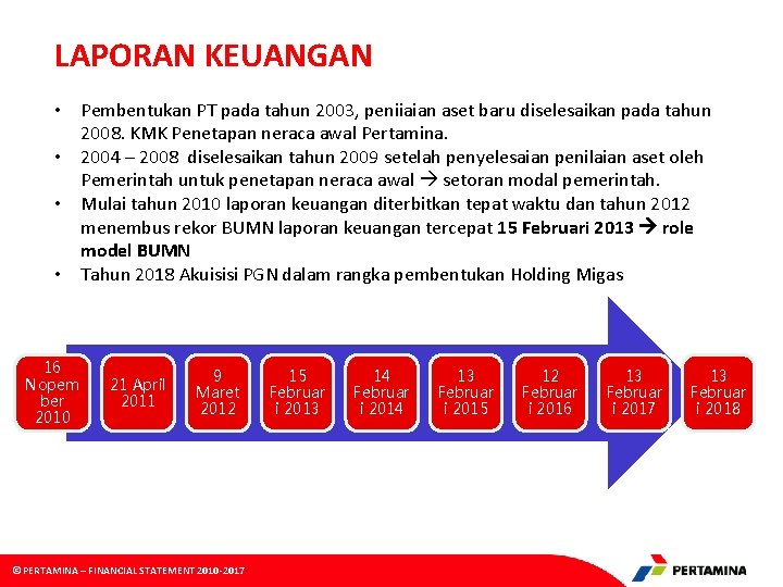 LAPORAN KEUANGAN • Pembentukan PT pada tahun 2003, peniiaian aset baru diselesaikan pada tahun