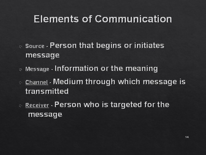 Elements of Communication Source - Person that begins or initiates message Message - Information