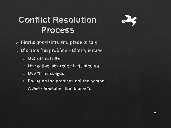 Conflict Resolution Process Find a good time and place to talk. Discuss the problem