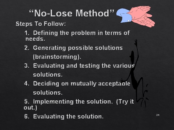 “No-Lose Method” Steps To Follow: 1. Defining the problem in terms of needs. 2.
