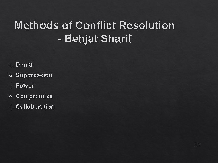 Methods of Conflict Resolution - Behjat Sharif Denial Suppression Power Compromise Collaboration 26 