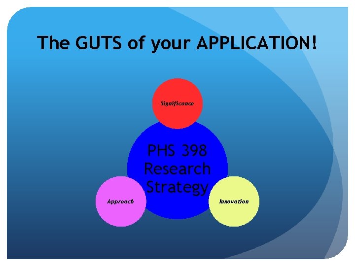 The GUTS of your APPLICATION! Significance PHS 398 Research Strategy Approach Innovation The GUTS of your APPLICATION! Significance PHS 398 Research Strategy Approach Innovation
