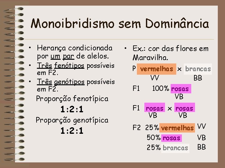 Monoibridismo sem Dominância • Herança condicionada por um par de alelos. • Três fenótipos