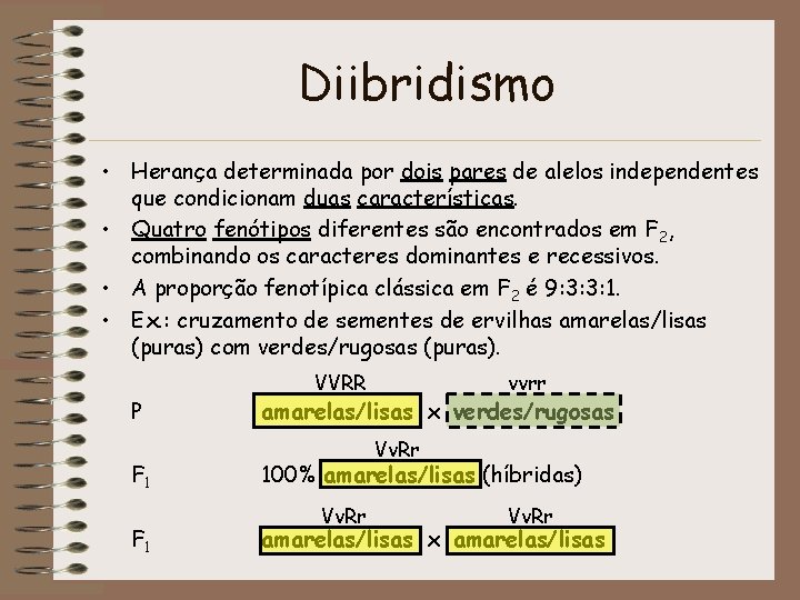 Diibridismo • Herança determinada por dois pares de alelos independentes que condicionam duas características.