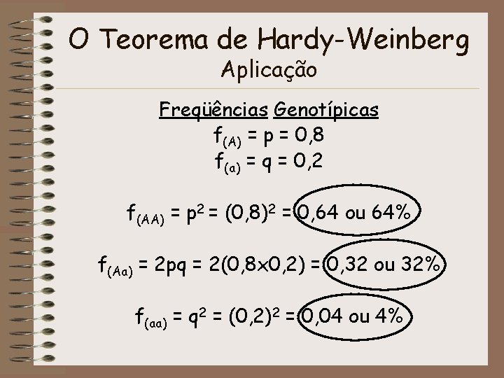 O Teorema de Hardy-Weinberg Aplicação Freqüências Genotípicas f(A) = p = 0, 8 f(a)