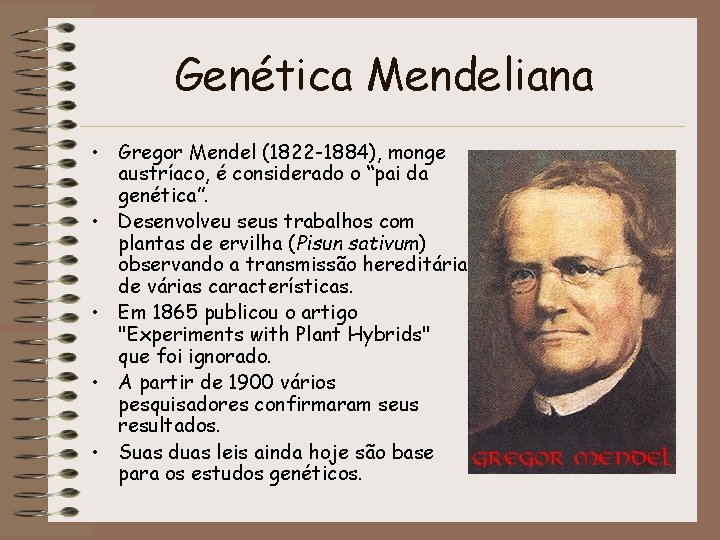 Genética Mendeliana • Gregor Mendel (1822 -1884), monge austríaco, é considerado o “pai da