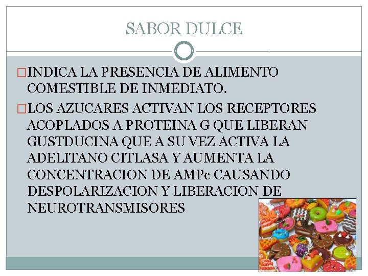 SABOR DULCE �INDICA LA PRESENCIA DE ALIMENTO COMESTIBLE DE INMEDIATO. �LOS AZUCARES ACTIVAN LOS