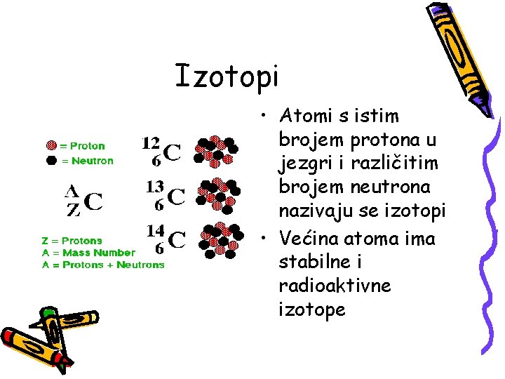 Izotopi • Atomi s istim brojem protona u jezgri i različitim brojem neutrona nazivaju