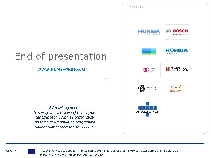 Consortium End of presentation www. PEMs 4 Nano. eu Acknowledgement: This project has received