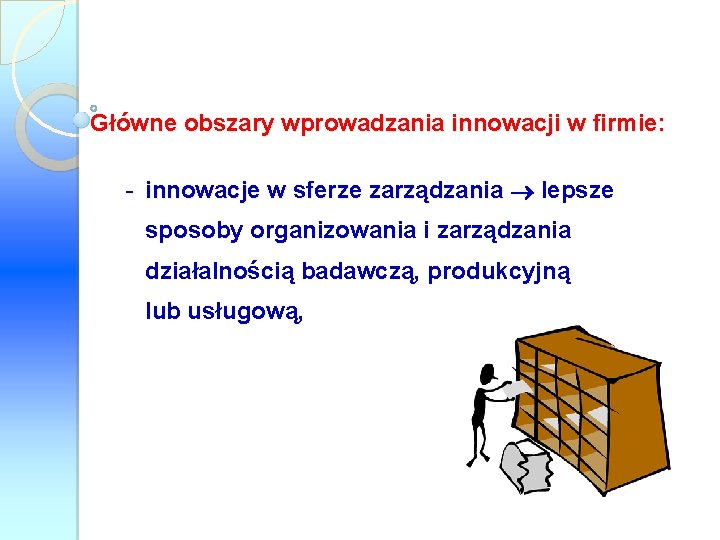 Główne obszary wprowadzania innowacji w firmie: - innowacje w sferze zarządzania lepsze sposoby organizowania