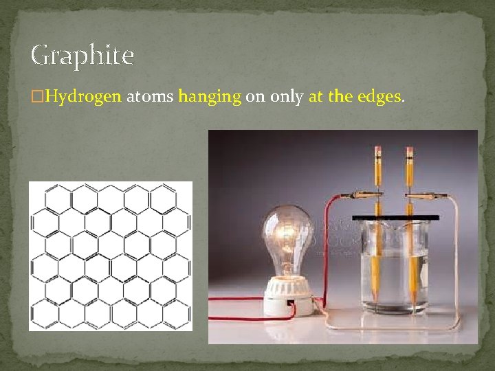 Graphite �Hydrogen atoms hanging on only at the edges. 