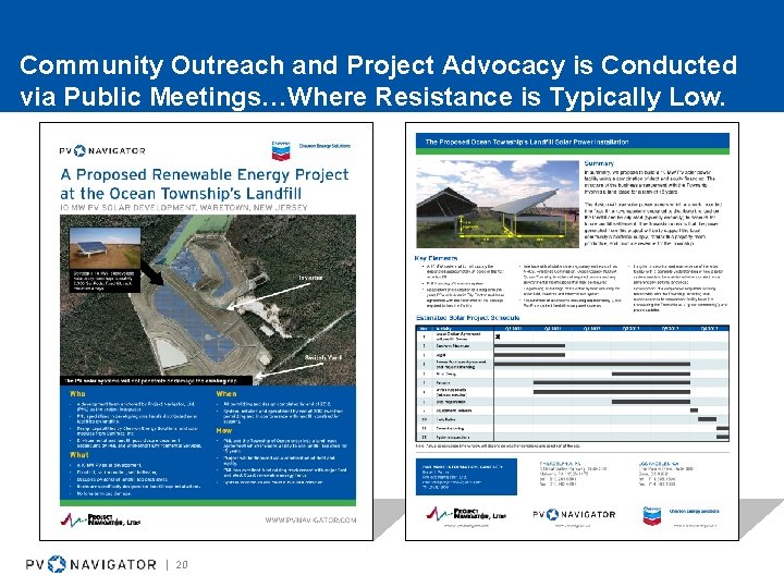 Community Outreach and Project Advocacy is Conducted via Public Meetings…Where Resistance is Typically Low. Community Outreach and Project Advocacy is Conducted via Public Meetings…Where Resistance is Typically Low.