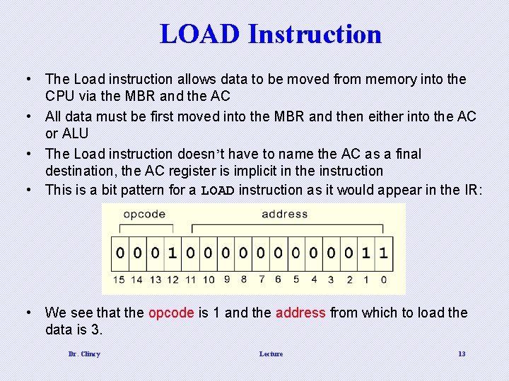 LOAD Instruction • The Load instruction allows data to be moved from memory into