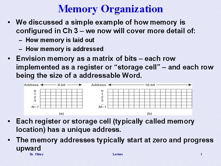 Memory Organization • We discussed a simple example of how memory is configured in