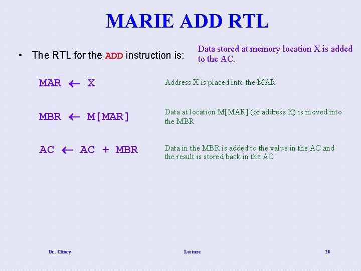 MARIE ADD RTL • The RTL for the ADD instruction is: Data stored at