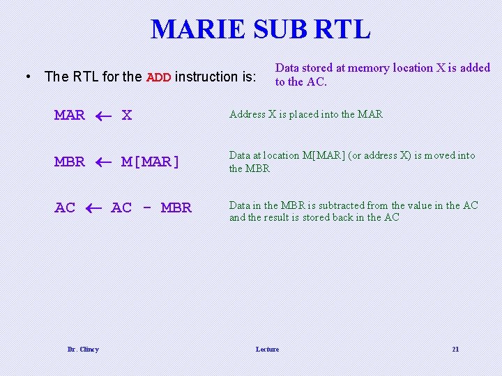 MARIE SUB RTL • The RTL for the ADD instruction is: Data stored at