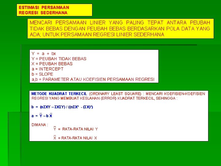 ESTIMASI PERSAMAAN REGRESI SEDERHANA MENCARI PERSAMAAN LINIER YANG PALING TEPAT ANTARA PEUBAH TIDAK BEBAS