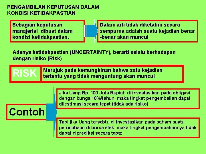 PENGAMBILAN KEPUTUSAN DALAM KONDISI KETIDAKPASTIAN Sebagian keputusan manajerial dibuat dalam kondisi ketidakpastian. Dalam arti