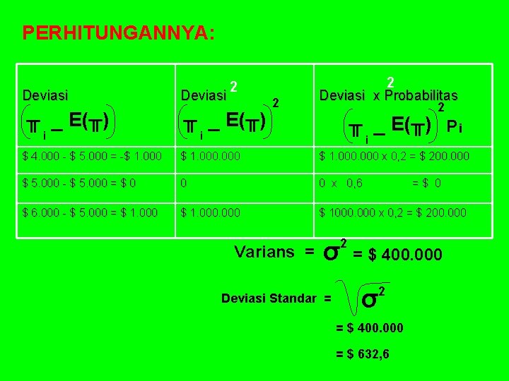 PERHITUNGANNYA: Deviasi ╥ _ E(╥) i Deviasi 2 ╥ _ E(╥) 2 i 2