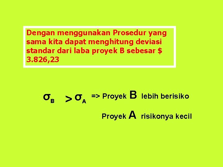 Dengan menggunakan Prosedur yang sama kita dapat menghitung deviasi standar dari laba proyek B