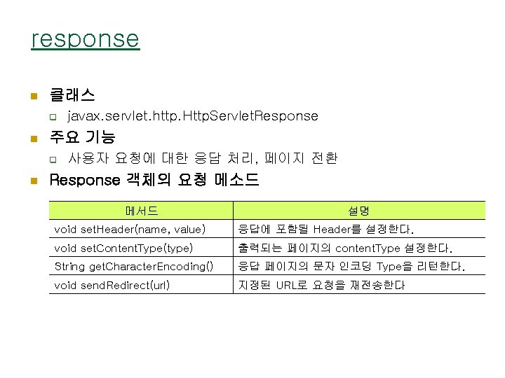 response n 클래스 q n 주요 기능 q n javax. servlet. http. Http. Servlet.