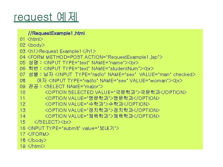 request 예제 //Request. Example 1. html 01 <html> 02 <body> 03 <h 1>Request Example