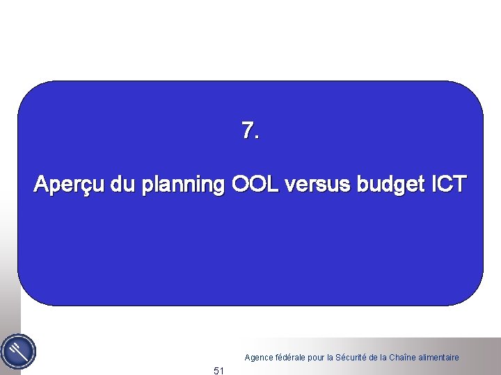 7. Aperçu du planning OOL versus budget ICT Agence fédérale pour la Sécurité de 7. Aperçu du planning OOL versus budget ICT Agence fédérale pour la Sécurité de