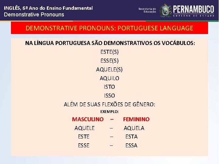 INGLÊS, 6º Ano do Ensino Fundamental Demonstrative Pronouns DEMONSTRATIVE PRONOUNS: PORTUGUESE LANGUAGE NA LÍNGUA