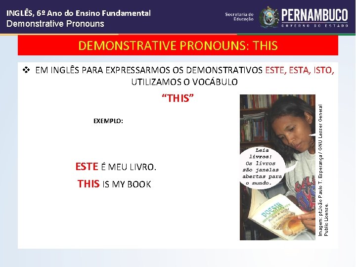 INGLÊS, 6º Ano do Ensino Fundamental Demonstrative Pronouns DEMONSTRATIVE PRONOUNS: THIS “THIS” EXEMPLO: ESTE