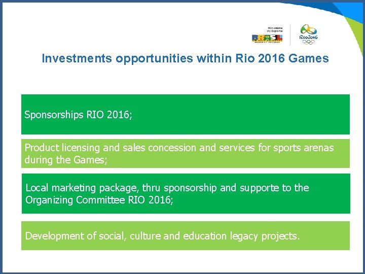 Investments opportunities within Rio 2016 Games Sponsorships RIO 2016; Product licensing and sales concession