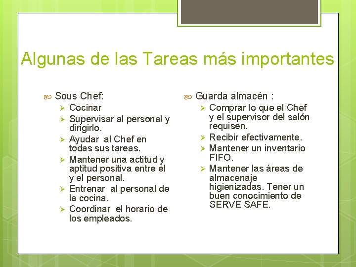 Algunas de las Tareas más importantes Sous Chef: Ø Ø Ø Cocinar Supervisar al Algunas de las Tareas más importantes Sous Chef: Ø Ø Ø Cocinar Supervisar al