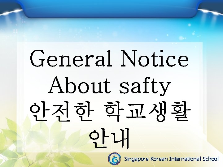 General Notice About safty 안전한 학교생활 안내 Singapore Korean International School 