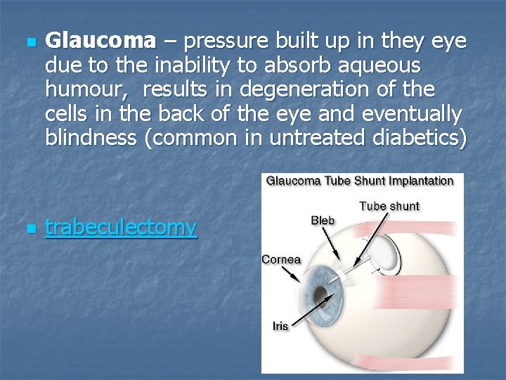 n n Glaucoma – pressure built up in they eye due to the inability