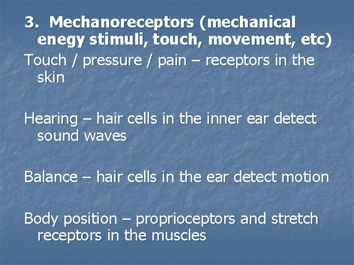 3. Mechanoreceptors (mechanical enegy stimuli, touch, movement, etc) Touch / pressure / pain –