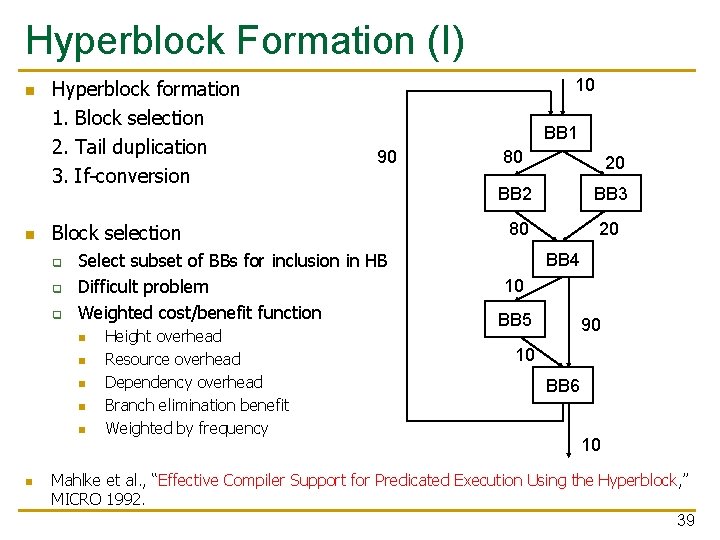 Hyperblock Formation (I) n n Hyperblock formation 1. Block selection 2. Tail duplication 3.